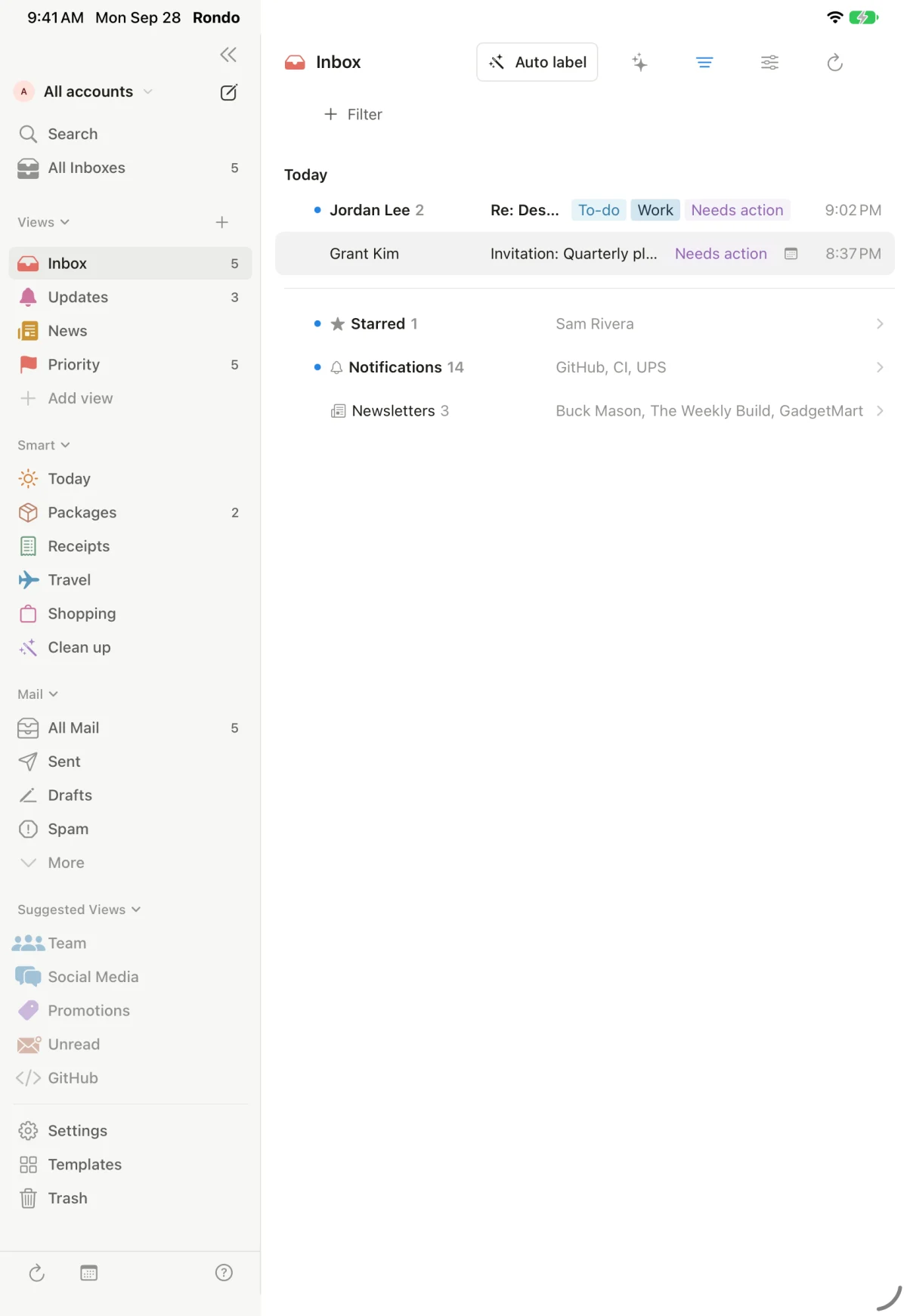 Rondo on iPad with the sidebar of views and smart pages, and an inbox where Jordan Lee's design review is tagged To-do, Work and Needs action, followed by bundles for Starred, Notifications and Newsletters.