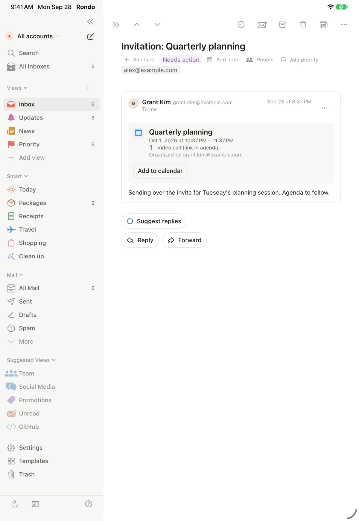 A calendar invitation for Quarterly planning on iPad, with an Add to calendar button and a Suggest replies button.