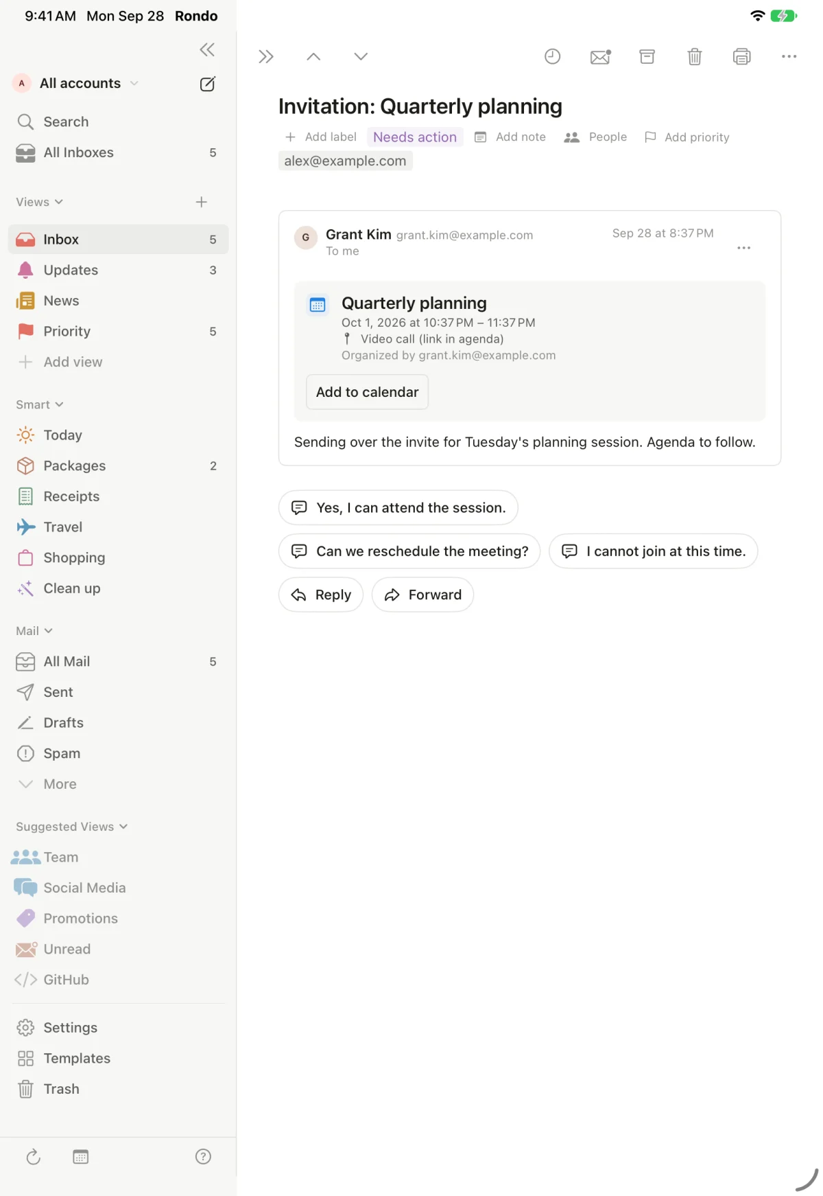 An invitation for Quarterly planning on iPad, with three suggested replies: Yes, I can attend the session; Can we reschedule the meeting?; I cannot join at this time.