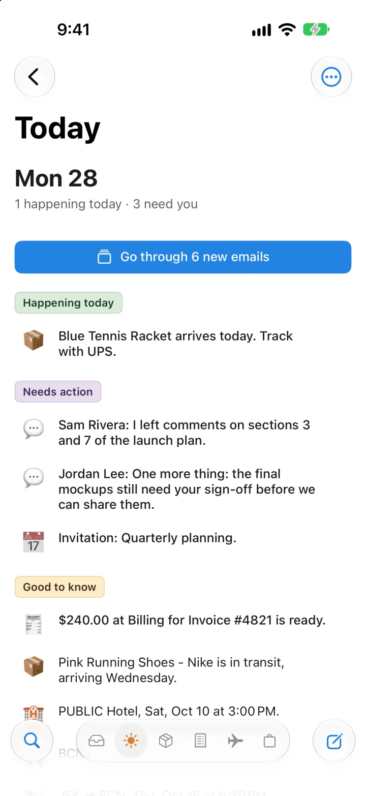The Today page on iPhone, continuing with Good to know: a receipt, a package in transit and a hotel reservation.